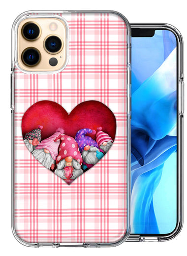 Apple iPhone 12 Pro Max Valentine's Day Garden Gnomes Heart Love Pink Plaid Double Layer Phone Case Cover