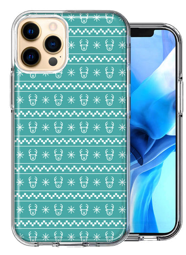 Apple iPhone 12 Pro Max Teal Christmas Reindeer Pattern Design Double Layer Phone Case Cover