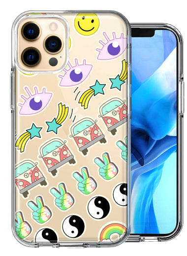 Apple iPhone 12 Pro 70's Yin Yang Hippie Happy Peace Stars Design Double Layer Phone Case Cover