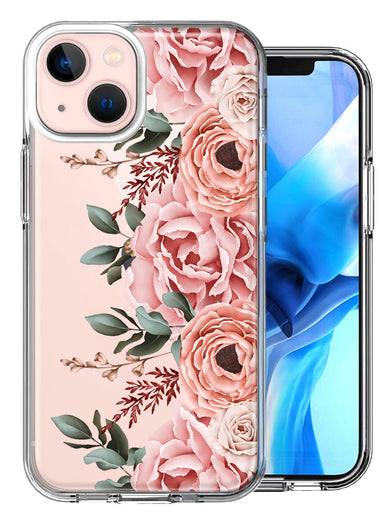 Apple iPhone 14 Blush Pink Peach Spring Flowers Peony Rose Design Double Layer Phone Case Cover
