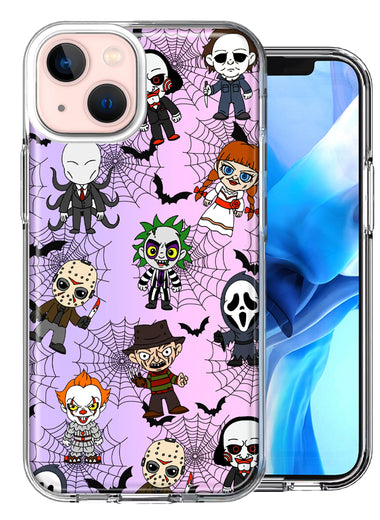 Apple iPhone 14 Classic Haunted Horror Halloween Nightmare Characters Spider Webs Design Double Layer Phone Case Cover