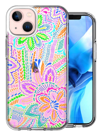Apple iPhone 14 Plus Colorful Summer Flowers Doodle Art Design Double Layer Phone Case Cover