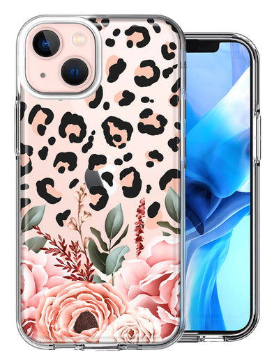 Apple iPhone 14 Classy Blush Peach Peony Rose Flowers Leopard Design Double Layer Phone Case Cover