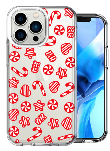 Apple iPhone 13 Pro Christmas Winter Red White Peppermint Candies Swirls Candycanes Design Double Layer Phone Case Cover