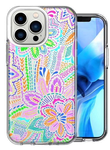 Apple iPhone 13 Pro Colorful Summer Flowers Doodle Art Design Double Layer Phone Case Cover