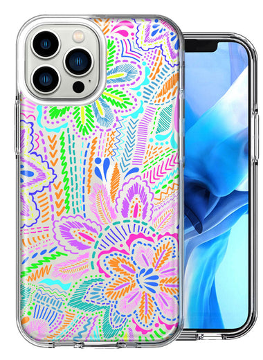 Apple iPhone 15 Pro Max Colorful Summer Flowers Doodle Art Design Double Layer Phone Case Cover