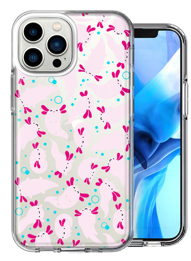 Apple iPhone 13 Pro Max Pink Happy Swimming Axolotls Polka Dots Double Layer Phone Case Cover