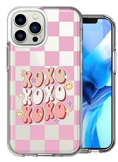 Apple iPhone 14 Pro Max Retro Pink Checkered XOXO Vintage 70s Style Hippie Valentine Love Double Layer Phone Case Cover
