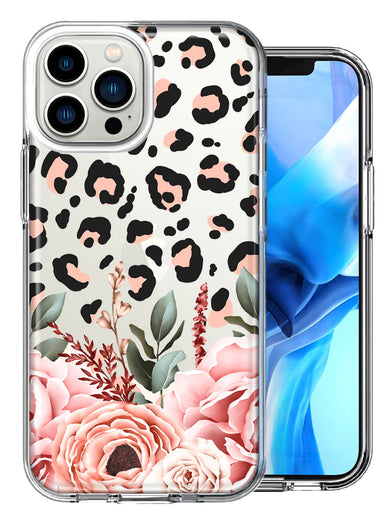 Apple iPhone 15 Pro Max Classy Blush Peach Peony Rose Flowers Leopard Design Double Layer Phone Case Cover
