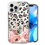 Apple iPhone 15 Pro Max Classy Blush Peach Peony Rose Flowers Leopard Design Double Layer Phone Case Cover