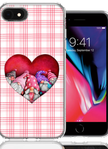 Apple iPhone 6/7/8/SE Valentine's Day Garden Gnomes Heart Love Pink Plaid Double Layer Phone Case Cover