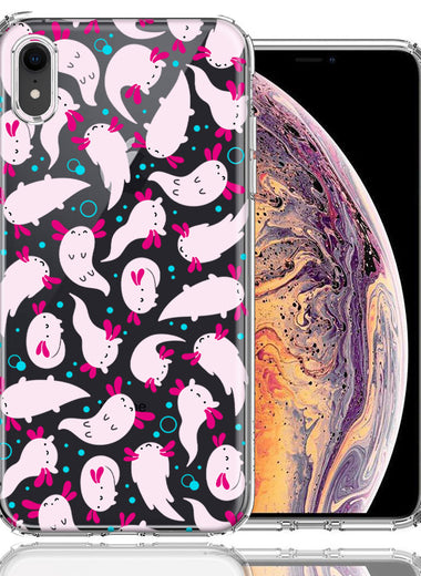 Apple iPhone XR Pink Happy Swimming Axolotls Polka Dots Double Layer Phone Case Cover