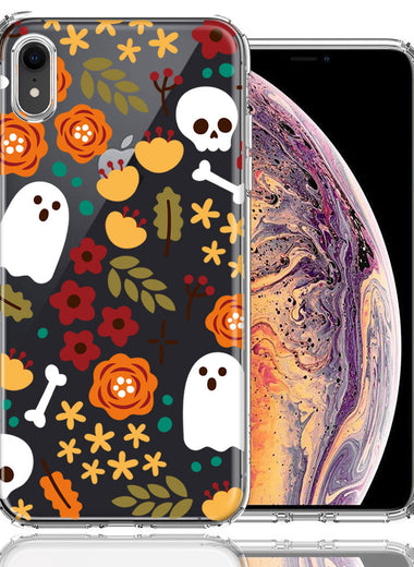 Apple iPhone XR Spooky Season Fall Autumn Flowers Ghosts Skulls Halloween Double Layer Phone Case Cover