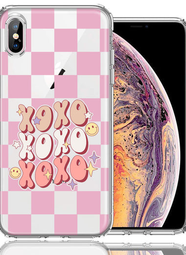 Apple iPhone XS Max Retro Pink Checkered XOXO Vintage 70s Style Hippie Valentine Love Double Layer Phone Case Cover