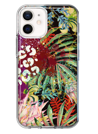 Apple iPhone 12 Leopard Tropical Flowers Vacation Dreams Hibiscus Floral Hybrid Protective Phone Case Cover