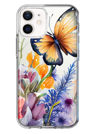 Apple iPhone 12 Spring Summer Flowers Butterfly Purple Blue Lilac Floral Hybrid Protective Phone Case Cover