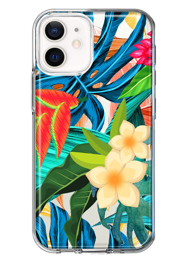 Apple iPhone 12 Blue Monstera Pothos Tropical Floral Summer Flowers Hybrid Protective Phone Case Cover