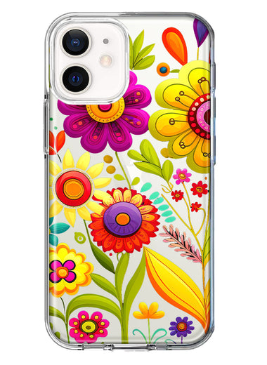 Apple iPhone 12 Colorful Yellow Pink Folk Style Floral Vibrant Spring Flowers Hybrid Protective Phone Case Cover