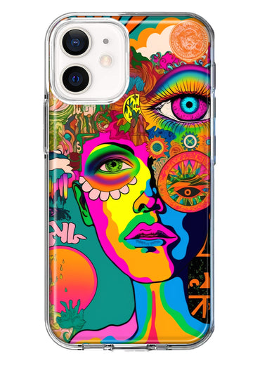 Apple iPhone 12 Mini Neon Rainbow Psychedelic Hippie One Eye Pop Art Hybrid Protective Phone Case Cover