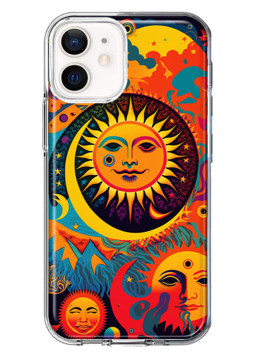 Apple iPhone 12 Mini Neon Rainbow Psychedelic Indie Hippie Sun Moon Hybrid Protective Phone Case Cover