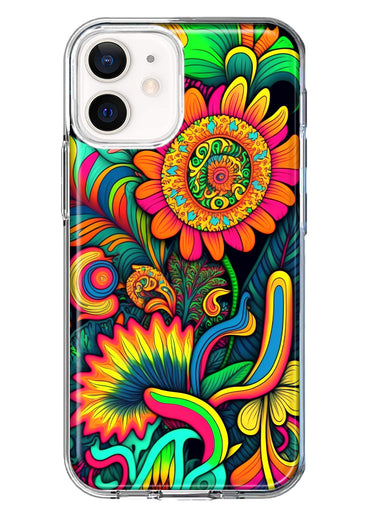 Apple iPhone 12 Neon Rainbow Psychedelic Indie Hippie Sunflowers Hybrid Protective Phone Case Cover