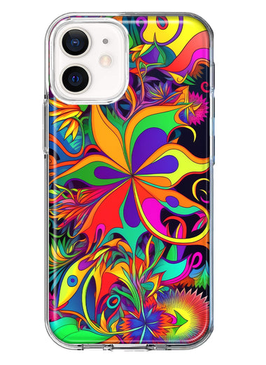 Apple iPhone 12 Mini Neon Rainbow Psychedelic Hippie Wild Flowers Hybrid Protective Phone Case Cover