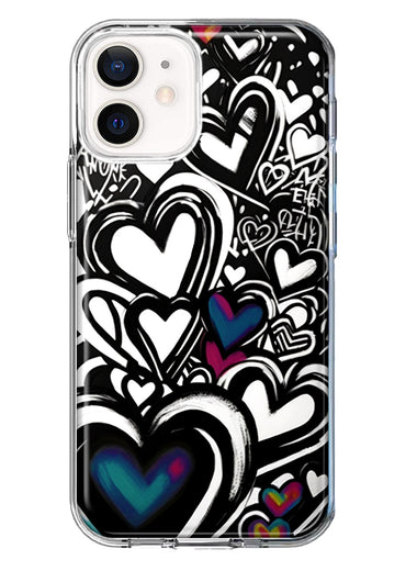Apple iPhone 12 Black White Hearts Love Graffiti Hybrid Protective Phone Case Cover