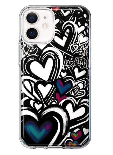 Apple iPhone 12 Mini Black White Hearts Love Graffiti Hybrid Protective Phone Case Cover