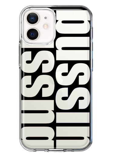 Apple iPhone 12 Black Clear Funny Text Quote Bussin Hybrid Protective Phone Case Cover