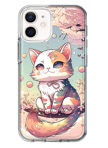 Apple iPhone 12 Mini Kawaii Manga Pink Cherry Blossom Cute Cat Hybrid Protective Phone Case Cover