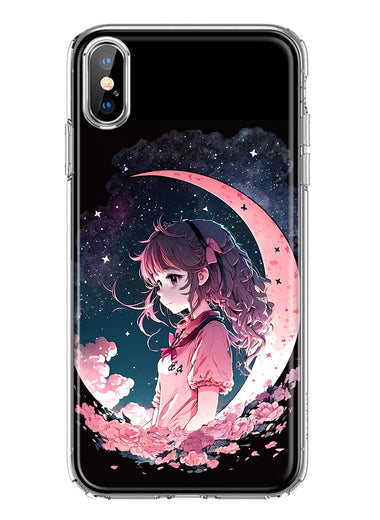 Apple iPhone XS Max Kawaii Manga Pink Cherry Blossom Dreaming Moon Girl Hybrid Protective Phone Case Cover