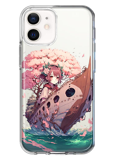 Apple iPhone 12 Mini Kawaii Manga Pink Cherry Blossom Japanese Girl Boat Hybrid Protective Phone Case Cover