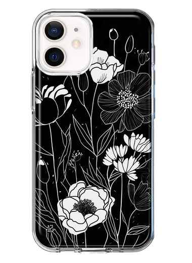 Apple iPhone 11 Line Drawing Art White Floral Flowers Hybrid Protective Phone Case Cover