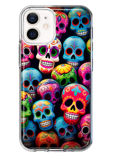 Apple iPhone 12 Mini Halloween Spooky Colorful Day of the Dead Skulls Hybrid Protective Phone Case Cover