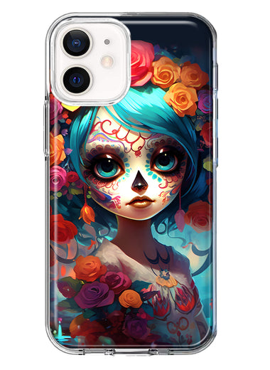 Apple iPhone 12 Halloween Spooky Colorful Day of the Dead Skull Girl Hybrid Protective Phone Case Cover