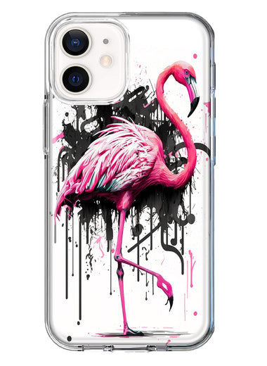 Apple iPhone 12 Pink Flamingo Painting Graffiti Hybrid Protective Phone Case Cover