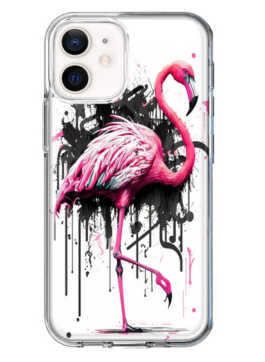 Apple iPhone 12 Mini Pink Flamingo Painting Graffiti Hybrid Protective Phone Case Cover