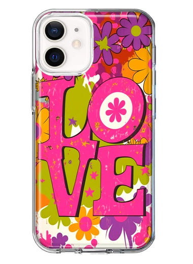 Apple iPhone 12 Mini Pink Daisy Love Graffiti Painting Art Hybrid Protective Phone Case Cover