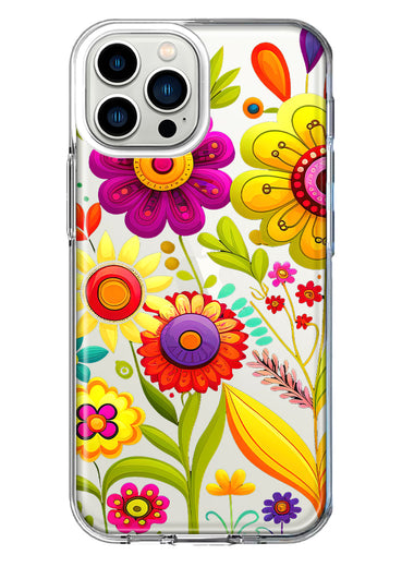 Apple iPhone 11 Pro Max Colorful Yellow Pink Folk Style Floral Vibrant Spring Flowers Hybrid Protective Phone Case Cover