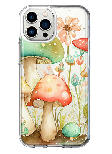 Apple iPhone 11 Pro Max Fairytale Watercolor Mushrooms Pastel Spring Flowers Floral Hybrid Protective Phone Case Cover