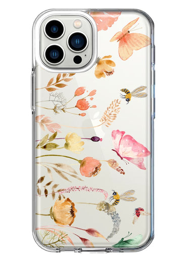 Apple iPhone 11 Pro Max Peach Meadow Wildflowers Butterflies Bees Watercolor Floral Hybrid Protective Phone Case Cover