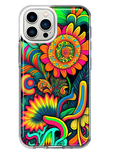 Apple iPhone 12 Pro Neon Rainbow Psychedelic Indie Hippie Sunflowers Hybrid Protective Phone Case Cover