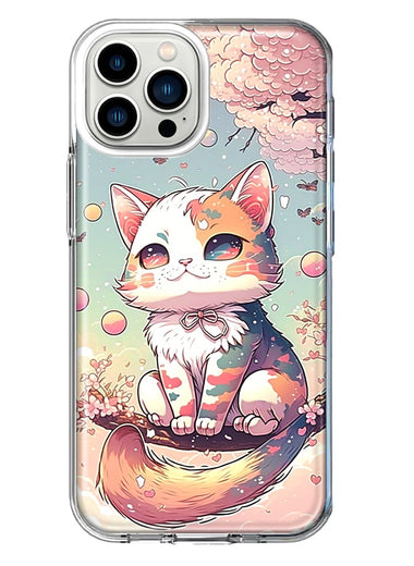 Apple iPhone 11 Pro Max Kawaii Manga Pink Cherry Blossom Cute Cat Hybrid Protective Phone Case Cover