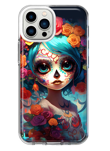 Apple iPhone 11 Pro Max Halloween Spooky Colorful Day of the Dead Skull Girl Hybrid Protective Phone Case Cover