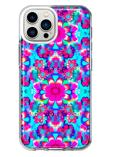 Apple iPhone 12 Pro Pink Blue Vintage Hippie Tie Dye Flowers Hybrid Protective Phone Case Cover
