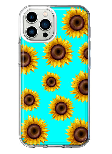 Apple iPhone 12 Pro Yellow Sunflowers Polkadot on Turquoise Teal Double Layer Phone Case Cover