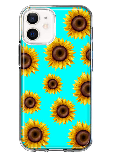 Apple iPhone 12 Yellow Sunflowers Polkadot on Turquoise Teal Double Layer Phone Case Cover