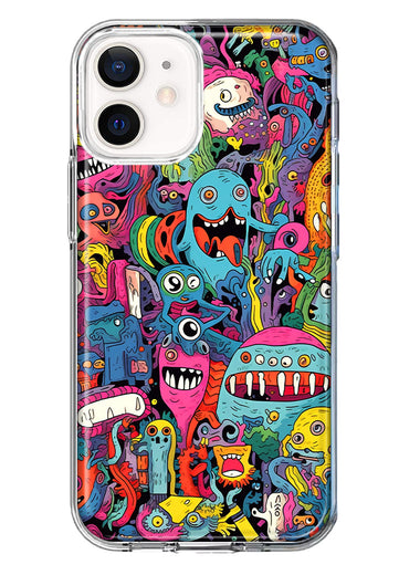 Apple iPhone 12 Psychedelic Trippy Happy Aliens Characters Hybrid Protective Phone Case Cover