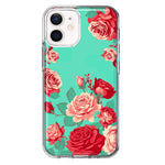 Apple iPhone 12 Mini Turquoise Teal Vintage Pastel Pink Red Roses Double Layer Phone Case Cover