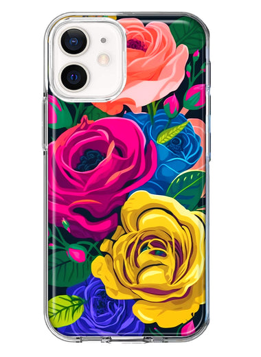 Apple iPhone 12 Vintage Pastel Abstract Colorful Pink Yellow Blue Roses Double Layer Phone Case Cover